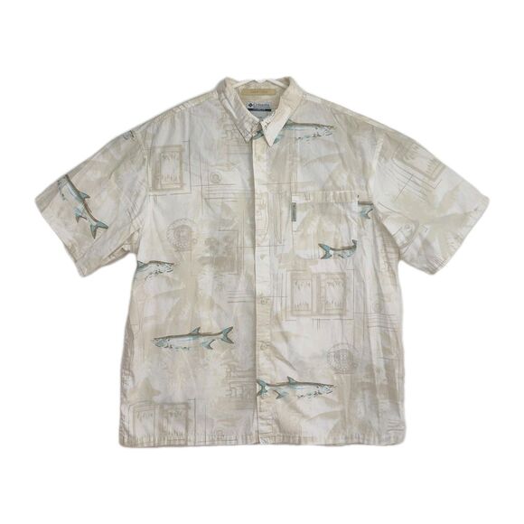 Columbia River Lodge Button-Up Shirt Men's XL Tan w/ Fishing Pattern Mesh Lined - Picture 1 of 7